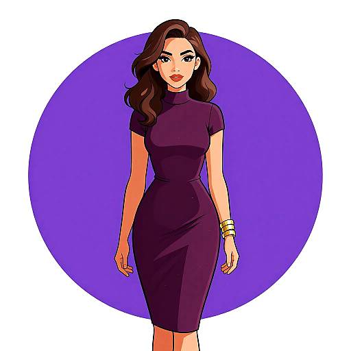 Digital illustration of a stylish woman with wavy brown hair, wearing a form-fitting, short-sleeved, purple dress, and gold bracelets,