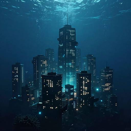 Digital art of an underwater cityscape at night, featuring illuminated skyscrapers with blue and white lights, surrounded by dark, swirling ocean water.