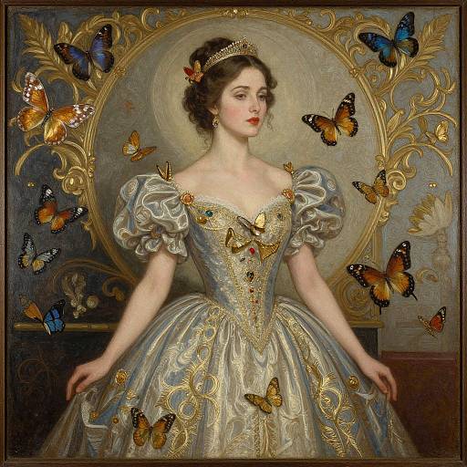 Digital painting of a fair-skinned, brown-haired woman in an ornate, gold-embellished blue ball gown, surrounded by colorful butterflies,