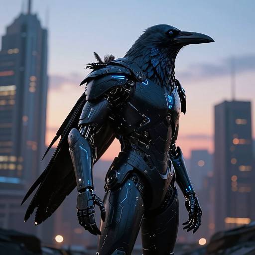 Digital artwork of a cybernetic crow humanoid with metallic armor, standing in a cityscape at dusk, glowing blue lights accentuating its dark feathers and