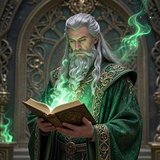 Digital artwork of a grey-bearded wizard with long white hair, wearing ornate green robes, casting a green magical spell from an open book in a
