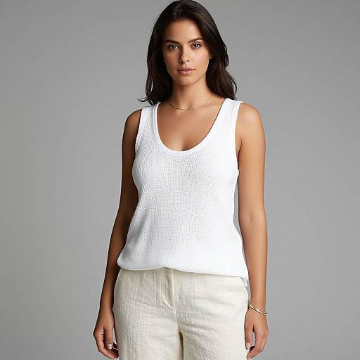 Photograph of a young woman with medium brown skin, dark wavy hair, wearing a white textured tank top and white pants, standing against a plain