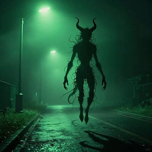 Digital art of a demonic, horned, shadowy figure with long, tangled hair, walking on a foggy, green-lit, deserted street
