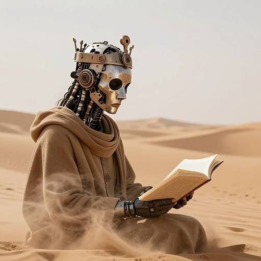 Photorealistic CGI of a robotic figure with metallic headgear and brown robe, reading a book in a sandy desert.