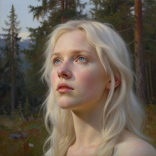 Digital painting of a young, fair-skinned, blonde woman with blue eyes, standing in a forest, looking upwards with a serene expression.