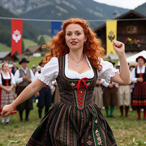 Fiery Red-Haired Woman Dancing in Alpine Festival