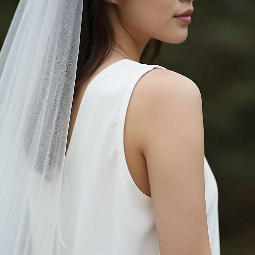 Photograph of an Asian woman in a white wedding dress with a sheer veil, showing her bare shoulder, against a dark green blurred background.