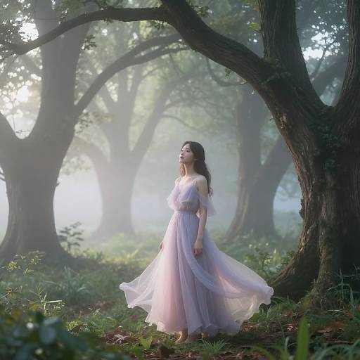 Photograph of an ethereal Asian woman in a flowing, pastel pink dress, standing in a misty, sunlit forest with curved, towering