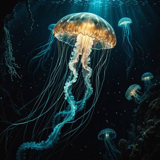 Glowing Jellyfish in Dark Ocean Abyss