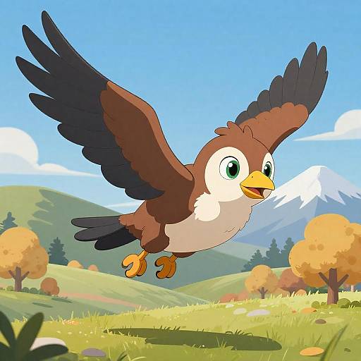 Cheerful Cartoon Bird in Autumn Landscape