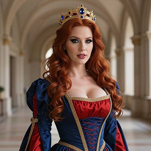 Photorealistic digital portrait of a red-haired woman with wavy hair, wearing a gold crown, blue and red medieval-style dress, standing in a