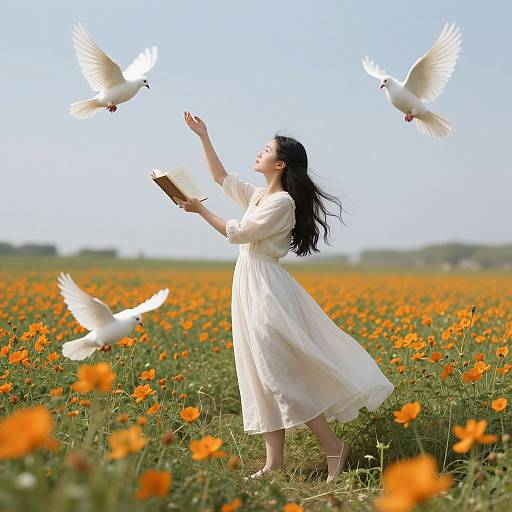 Photograph of a long-haired woman in a white dress feeding white doves in a vibrant orange poppy field under a clear blue sky.