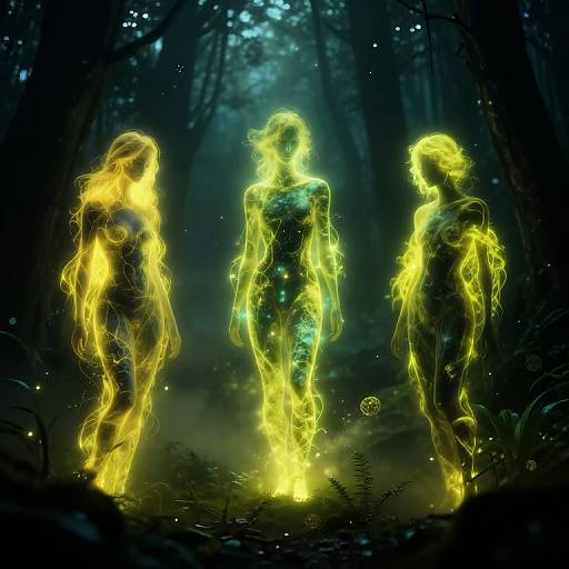 Digital artwork of three glowing, ethereal, yellow-lit figures with translucent bodies walking in a dark, enchanted forest. Their neon outlines contrast with the