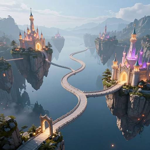 Fantastical CGI image of a winding, illuminated bridge connecting floating, fairy-tale-like castles on rocky islands over a calm, reflective lake.