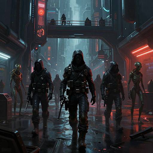 Cyberpunk cityscape at night: four armored, helmeted figures walk down a neon-lit, rain-soaked street with futuristic buildings and glowing