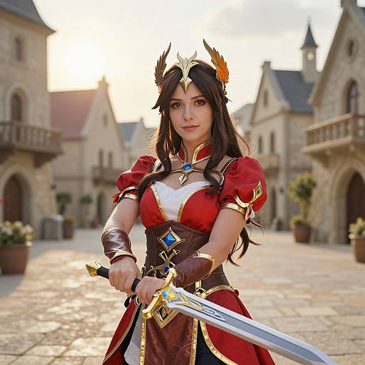Photograph of a young woman in medieval fantasy armor, holding a sword in a sunlit, stone courtyard with medieval buildings. She has long black hair