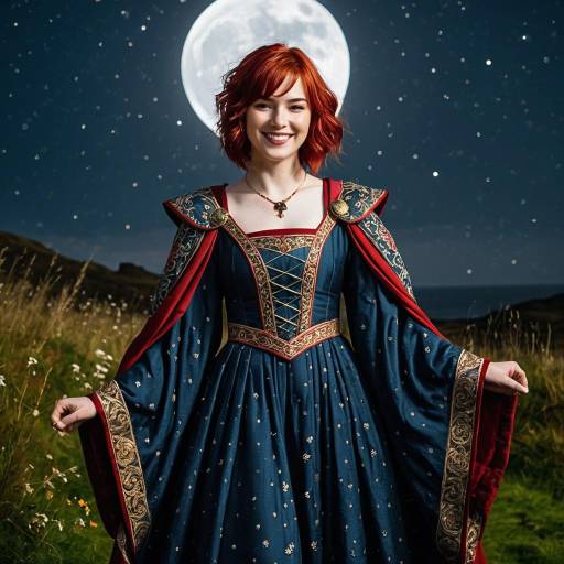 Medieval Royal Woman in Blue Dress Under Full Moon
