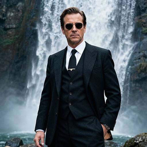 Photograph of a serious, dark-haired man in a black three-piece suit, sunglasses, and white shirt, standing in front of a powerful waterfall.