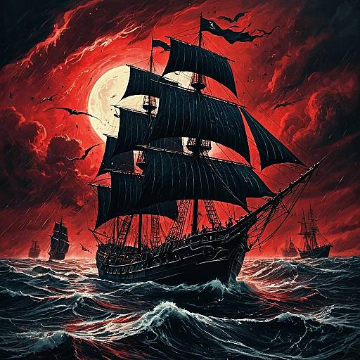 Phantom Ship with Spectral Sails Under Blood Red Sky