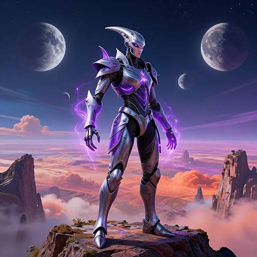 Digital artwork of a muscular, armored warrior with glowing purple energy on a rocky cliff, surrounded by floating planets and a vibrant, cloudy sky at sunrise.