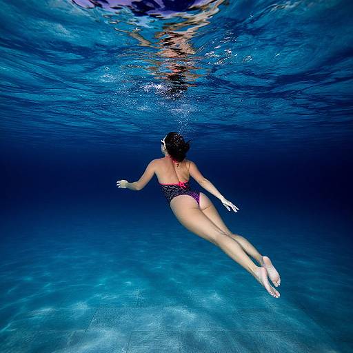 Photograph of a woman with dark hair, wearing a pink and black bikini, swimming underwater in a clear blue pool.