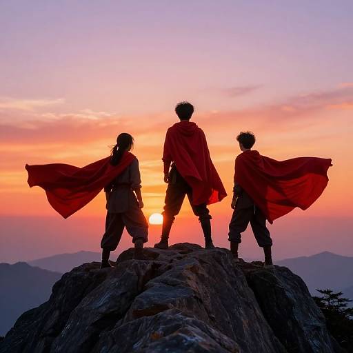 Silhouetted trio with flowing red capes stands on rocky peak at sunset, vibrant orange and pink sky in background. Photograph.