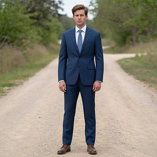 Photograph of a serious, fair-skinned man in a dark blue suit, white shirt, and polka dot tie, standing on a gravel road