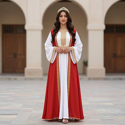 Photograph of a young woman with long black hair, wearing a red and white traditional dress with gold embroidery, a gold crown, standing in an ar