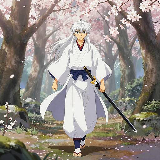 Digital anime-style drawing of a white-haired samurai in a white kimono, holding a sheathed sword, walking through a cherry blossom forest.
