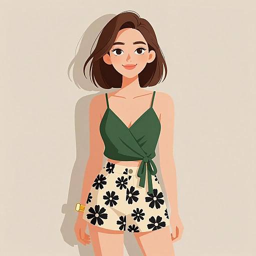 Smiling Woman in Casual Floral Outfit