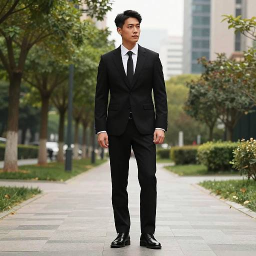 Confident Man in Black Suit on Urban Sidewalk