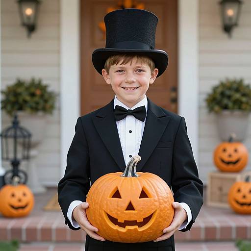 Photograph of a young boy in a black tuxedo, top hat, and bow tie, smiling while holding a carved pumpkin on a porch with