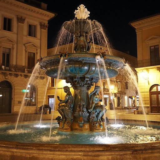 Photograph of a nighttime fountain with cascading water, ornate bronze sculptures, and illuminated surroundings in a historic European square.