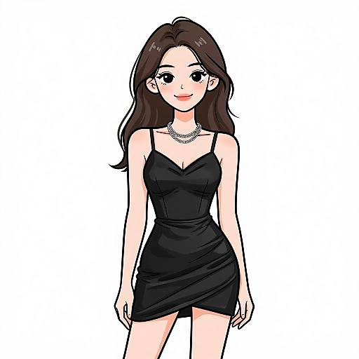 Digital anime-style drawing of a smiling woman with long brown hair, wearing a black, form-fitting, spaghetti-strap dress and a silver necklace,