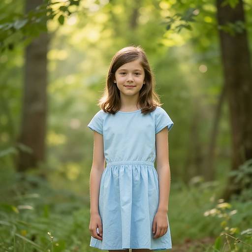 Photograph of a young girl with light brown hair, wearing a light blue dress, standing in a sunlit, green forest.