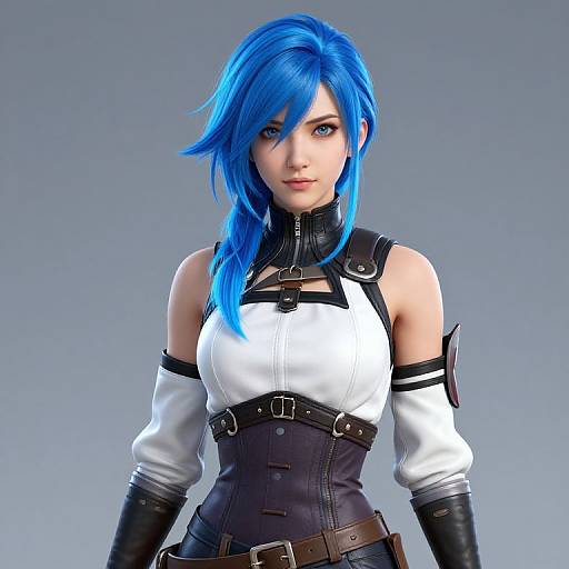 CGI-rendered female character with vibrant blue hair, white and black leather outfit, black straps, and belts, set against a gray background.