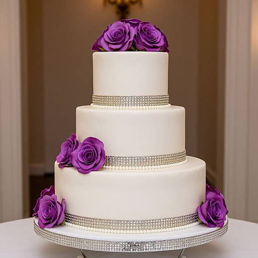 Photograph of a three-tier white wedding cake adorned with purple roses, silver beaded ribbons, and a sparkling base.