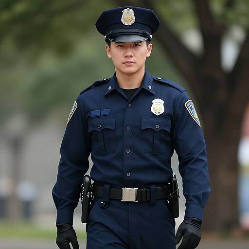 Photograph of a young male police officer standing outdoors, wearing a dark blue uniform with badge, black gloves, and hat, with a blurred tree and