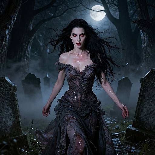 Digital artwork of a pale, red-eyed vampire woman with long black hair, wearing a sheer, black, lace corset dress, standing in a moon