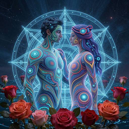 Photorealistic digital art: Glowing, neon-patterned, nude couple with intricate blue and multicolored body designs, standing among red roses,