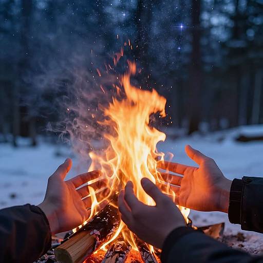Hand Warming by Campfire at Night