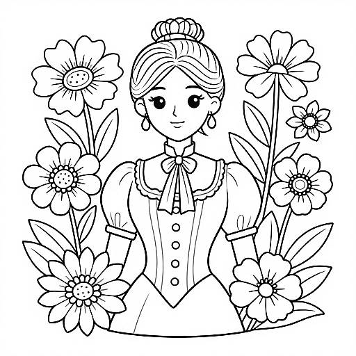 Black and white line drawing of a smiling woman with a bun, wearing a buttoned top and bow, surrounded by flowers.