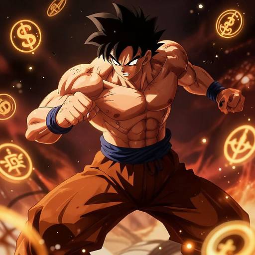 Digital anime artwork of muscular, shirtless Goku with spiky black hair, orange pants, and blue wristbands, surrounded by glowing money symbols in a