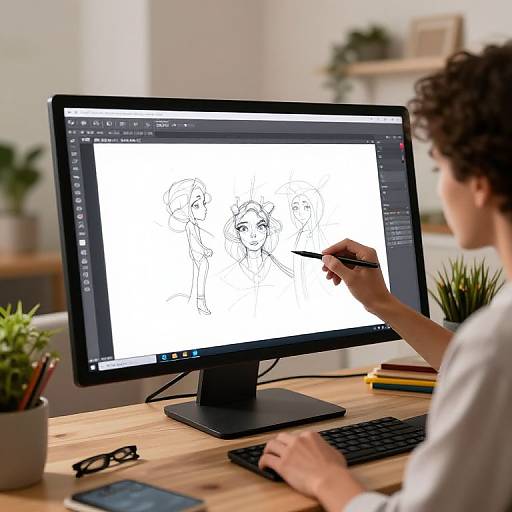 Photograph of a person with curly hair drawing in black ink on a computer screen, surrounded by potted plants and office supplies.