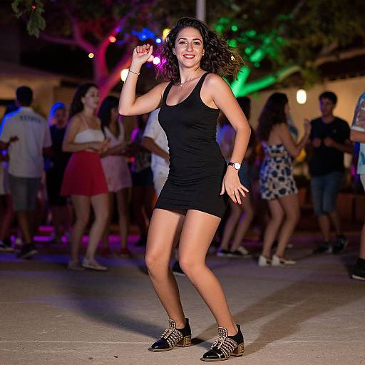 Photograph of a smiling brunette woman in a black tank dress and leopard-print shoes, dancing at a vibrant, colorful nighttime party.
