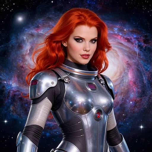 Digital art of a red-haired woman in shiny silver space armor, set against a vibrant cosmic background with swirling galaxies.