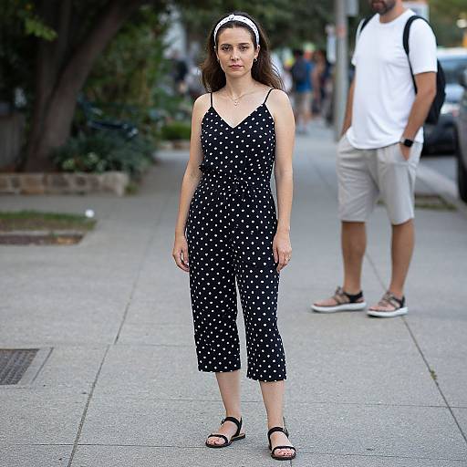 Woman in Polka Dot Outfit on Sidewalk