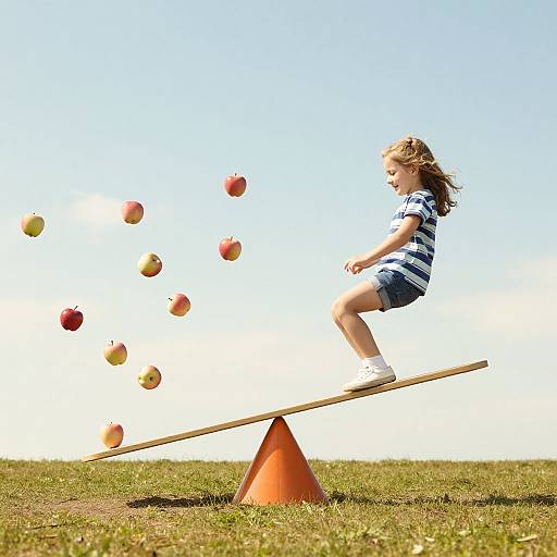 Photograph of a blonde girl in a striped shirt and shorts balancing on a seesaw, sending apples flying in a sunny grassy field.