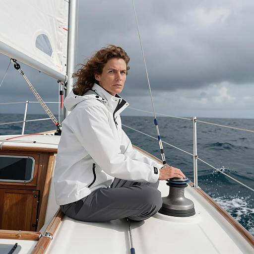 Intense Woman Sailing on Dark Ocean