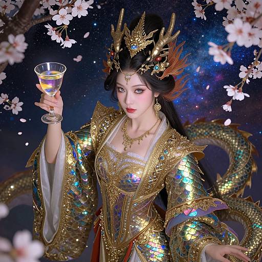 Digital artwork: Asian woman with black hair, golden dragon headpiece, iridescent gold and silver armor, holding wine glass, surrounded by cherry bloss